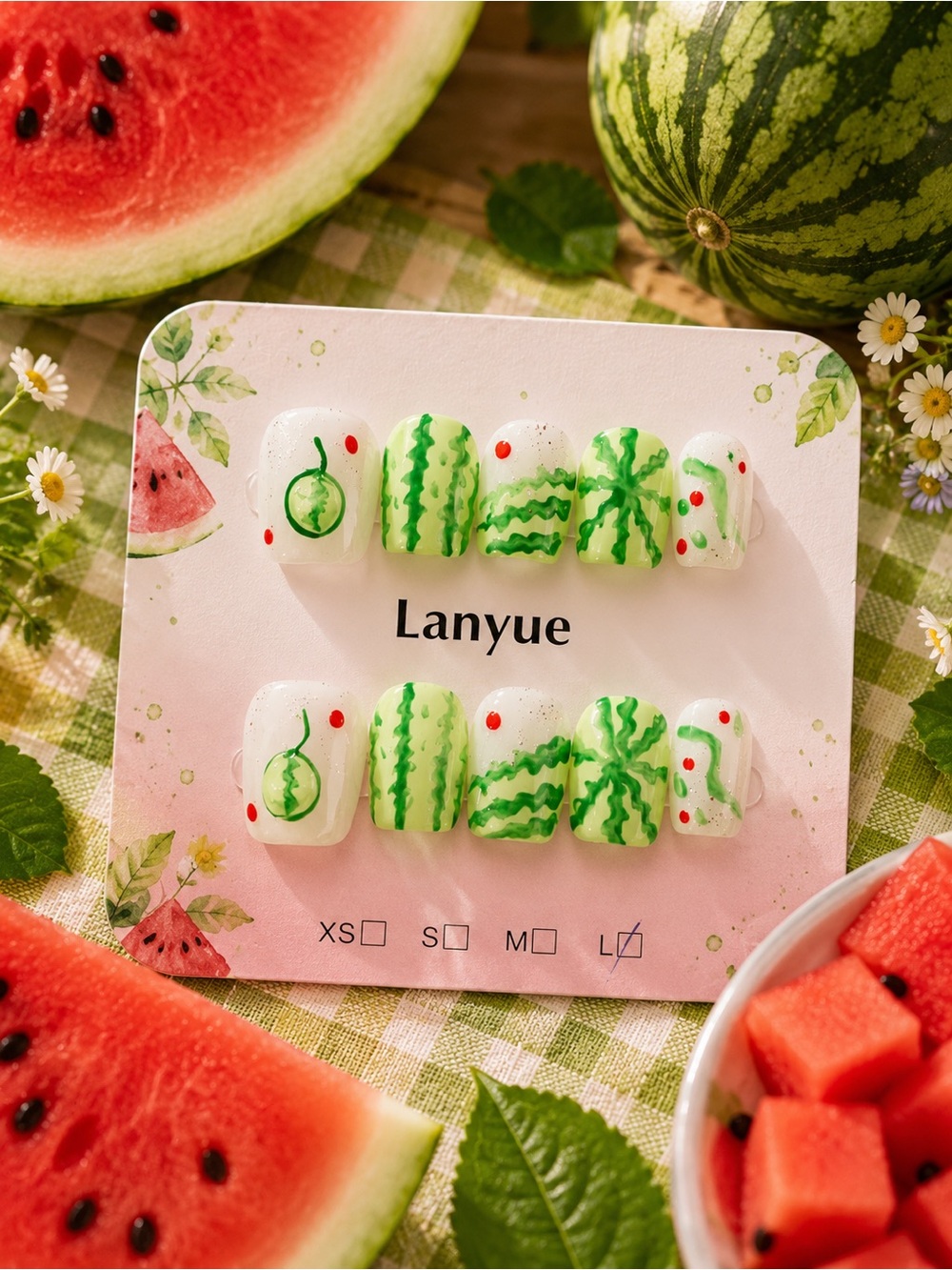 Green Watermelon Nail Set — White & Lime Hand-Painted Press-Ons